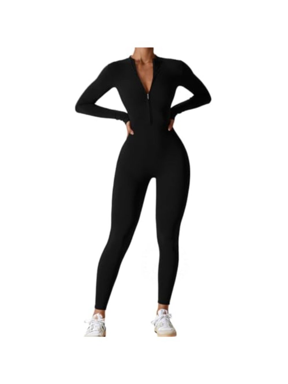AEEZO Women's Long Sleeve Zip Up Workout Jumpsuit Tummy Control Yoga Romper